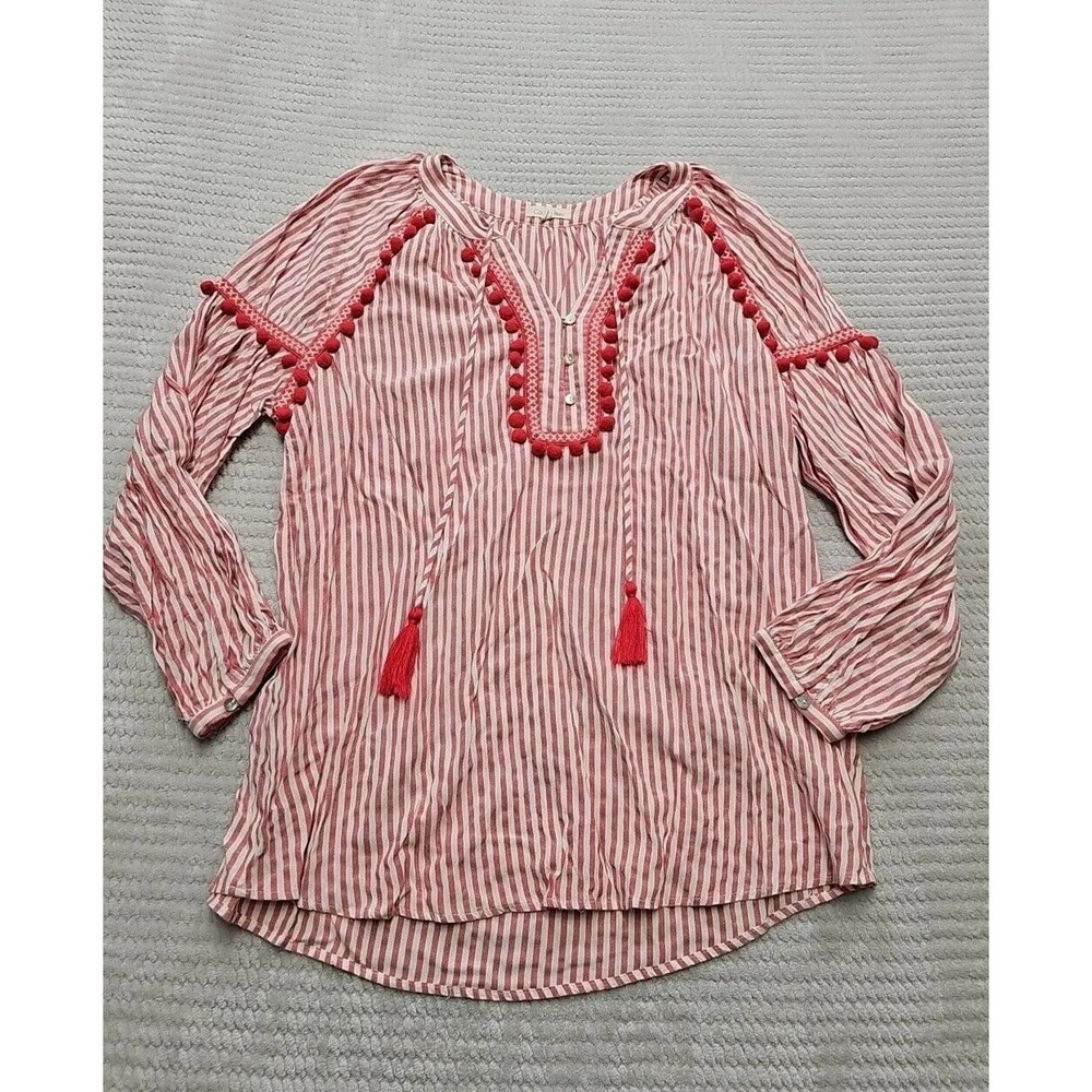 Cotton Bleu Shirt Womens Medium Striped Puff Balls Pheasant Sleeve Boho